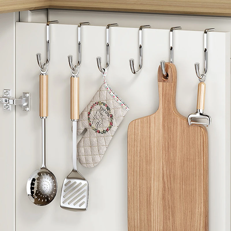 Stainless Steel Hook Free Punching Double S-Shape Hook Kitchen Bathroom Cabinet Door Back Type Coat Towel Storage Hanger