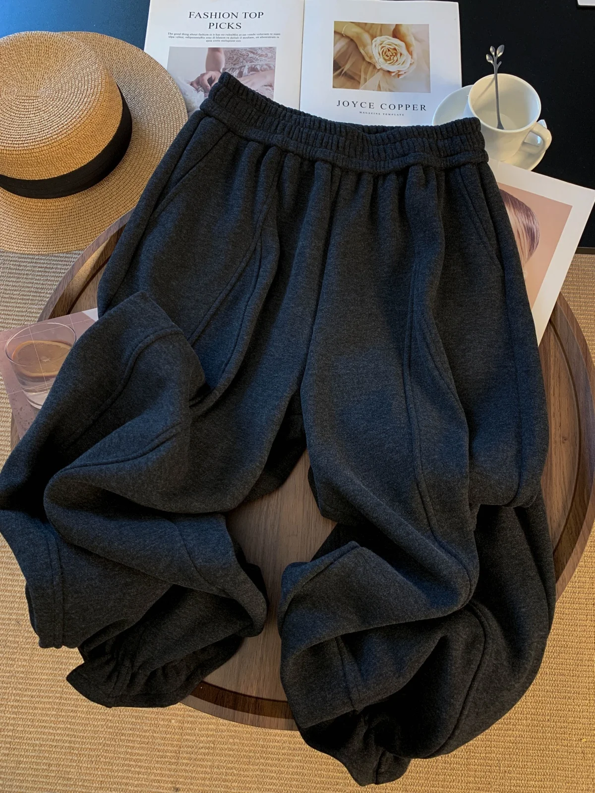 

ay Series Flower Bud Wide Leg Fce Lined Pants Women's Outerwear Winter Small Size High Waist Cotton Knitted Trousers