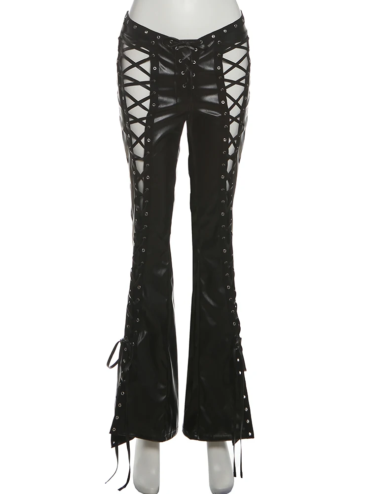 Kliou-pantalones sexis de piel sintética con agujeros para mujer, cintura elástica, vendaje cruzado, elásticos, parte inferior de fiesta para Club de moda de medianoche