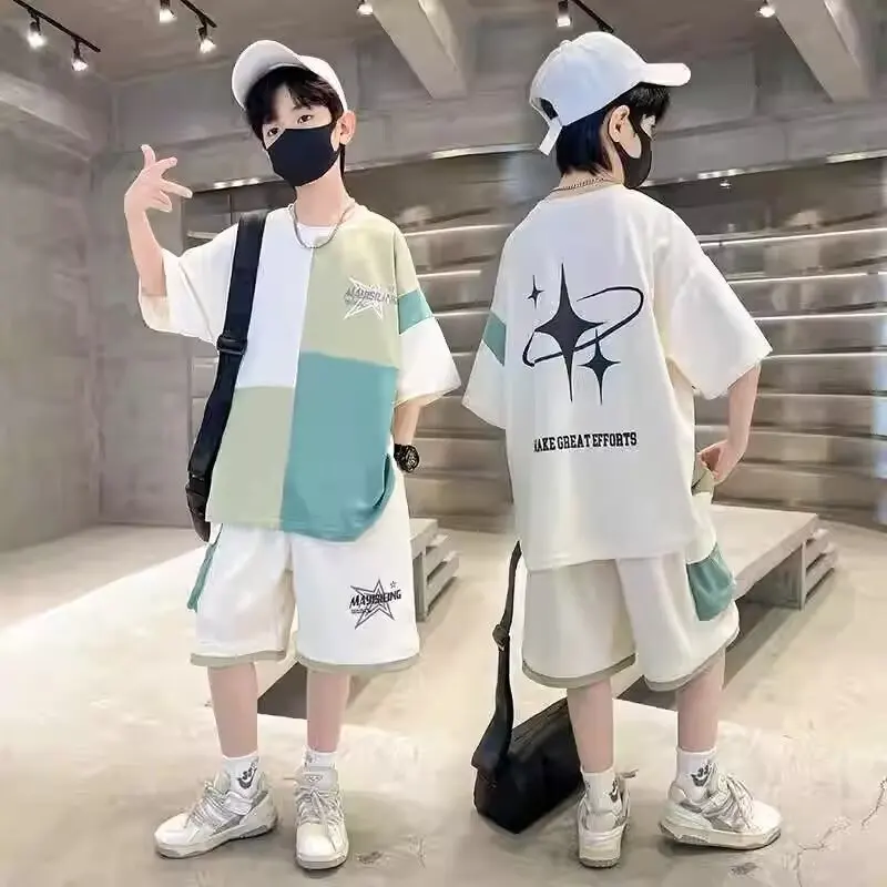 New Summer Boys Cotton Suit Korean High Street Fashion Kids Printed T-shirts Shorts 2 Piece Set High Quality Children's Set 2024