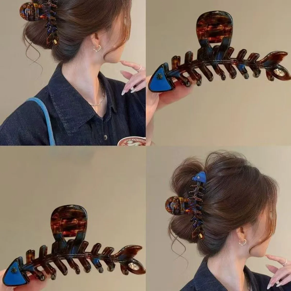 1 Stück Modische große Haarspange aus Acetat im Fischgräten-Design für Damen, französisches Design, niedliche Haifischklammer für den Hinterkopf, Haaraccessoire – Detail 3