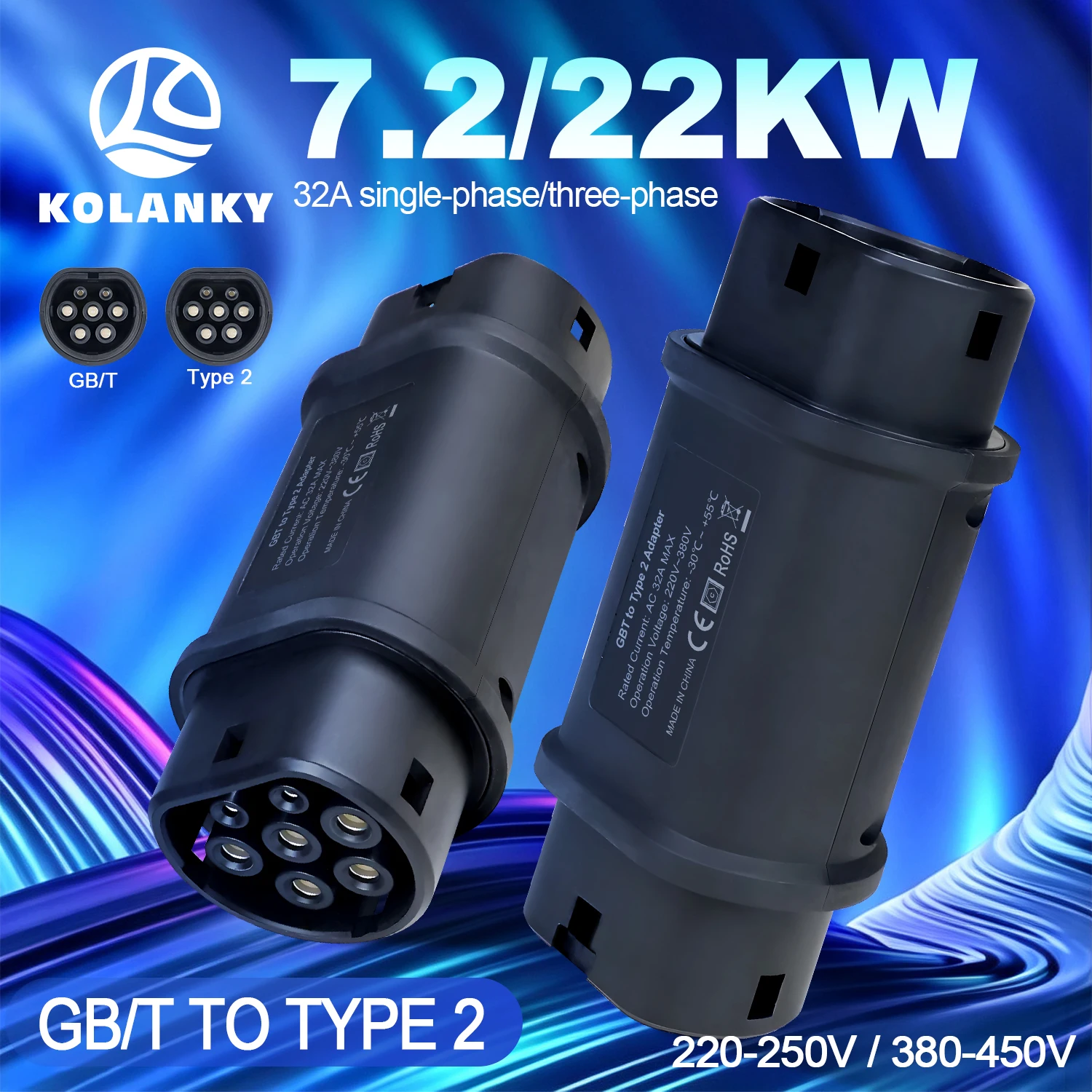 Isigma EV Charging Adapter 32A 22KW GBT to Type 2 EU Car 7.2KW GB/T 20234 To IEC 62196 Type2 Electric Vehicle Charging Connector