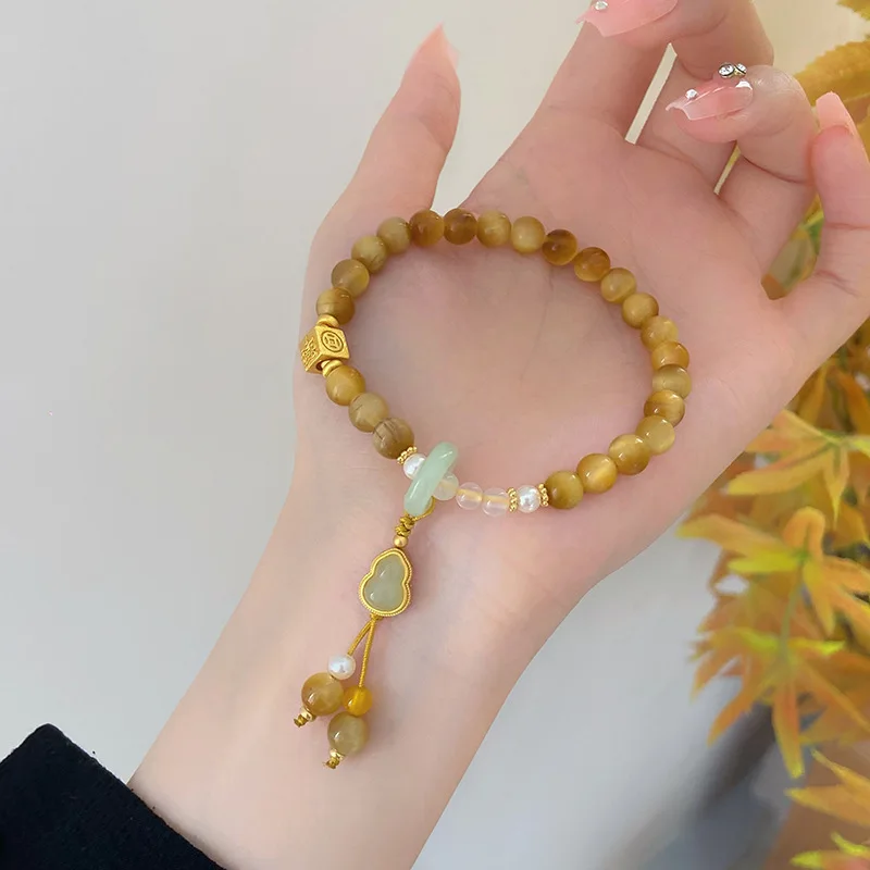 New Chinese Retro Mori Artistic Gold Tiger Stone Temperament Celebrity Style Design Sense Gourd Bracelet