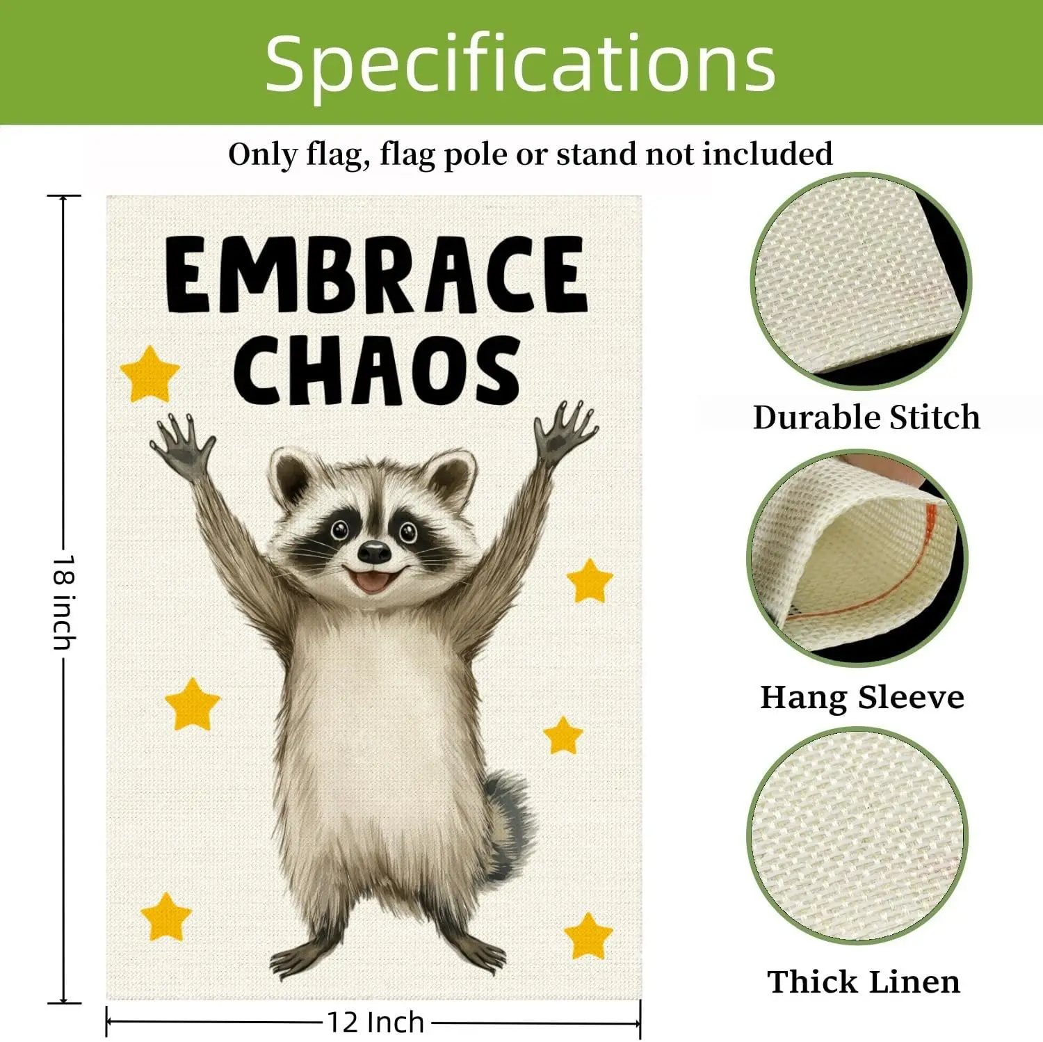 Humorous Raccoon Welcome Garden Flag, Embrace Chaos 12 x 18 Inch Burlap Double Side Print, Patio Yard Lawn Porch Decor Flag  SSL