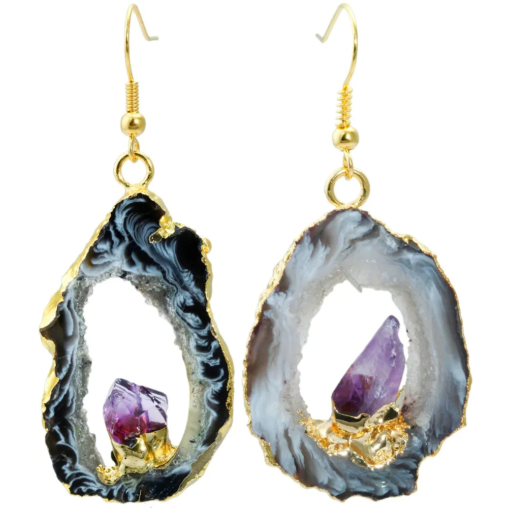 

TUMBEELLUWA Natural Irregular Geode Slice Inlay Amethyst Drusy Crystal Quartz Dangle Jewelry Gold Color Hook Earrings For Women