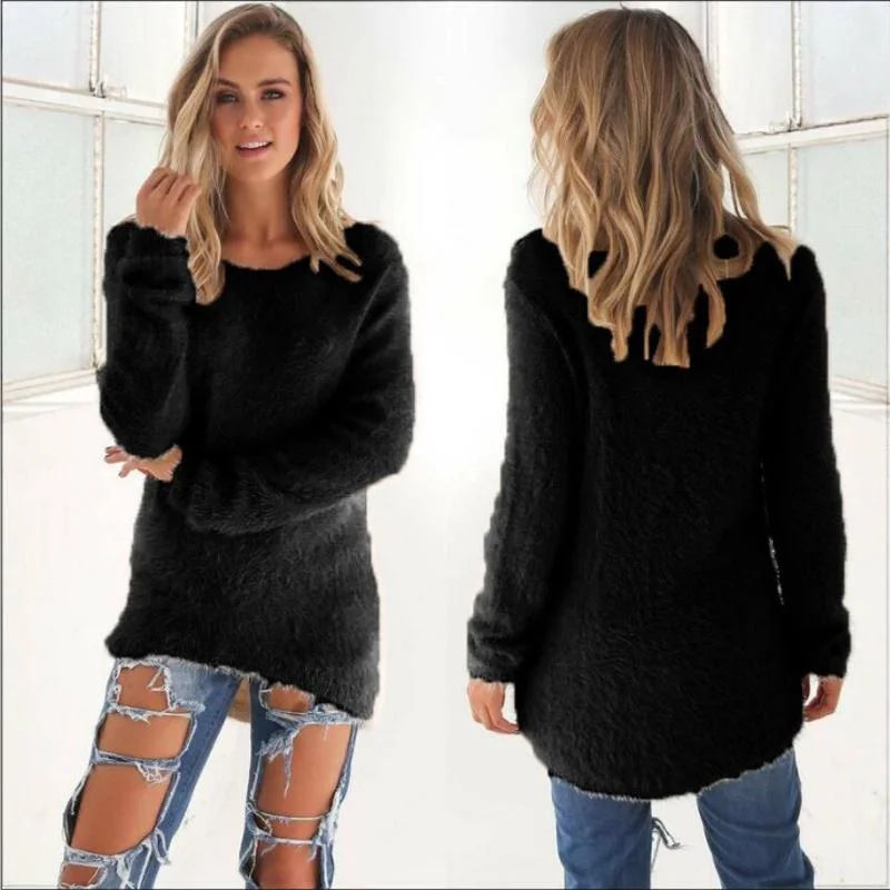 Plus Size Fashion Women\'s Loose Sweater Long Sleeve Plush Plush Warm Pullover Solid Color Round Neck Top Pullover Sweater