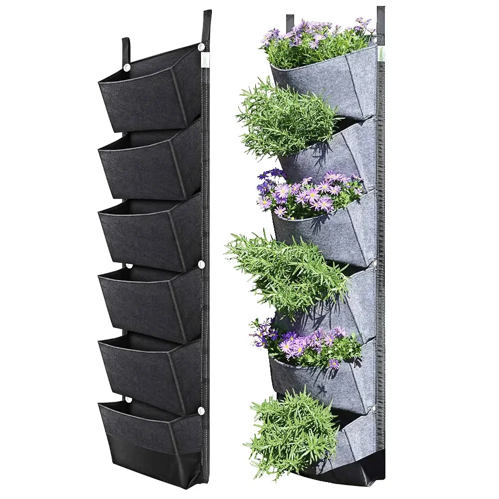 6 Pocket Green Vertical Garden Planter Bag 107X 30cm Wall-mounted Planting Flower Grow Pots Home Garden Vegetable Fruit Supplies