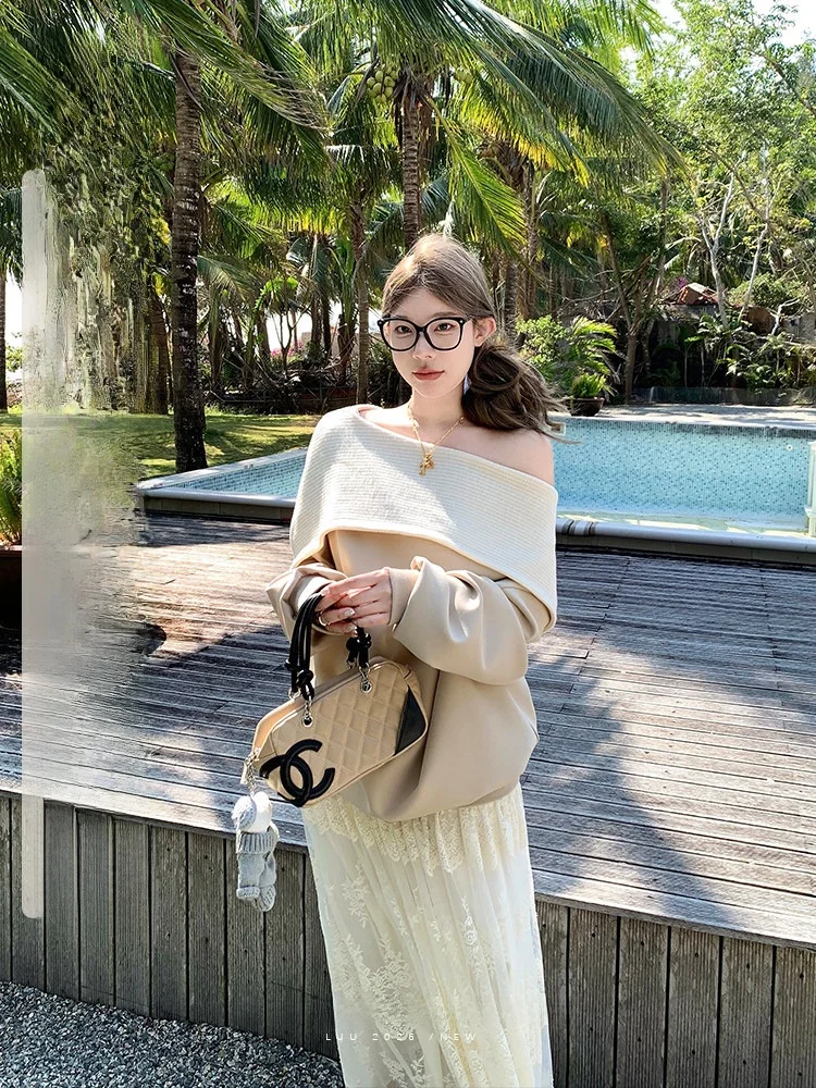 

Loose Long Sleeve Knitted Hoodie Women's Spring Autumn Casual Top Luu Taohuier Swing Collar Design Sense Upper Body