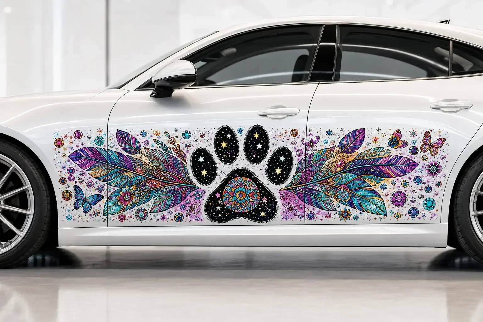 2Pcs Colorful Paw Print Pop Art Large Car Side Decals, Vivid Color Waterproof Sunproof Vinyl Graphics,