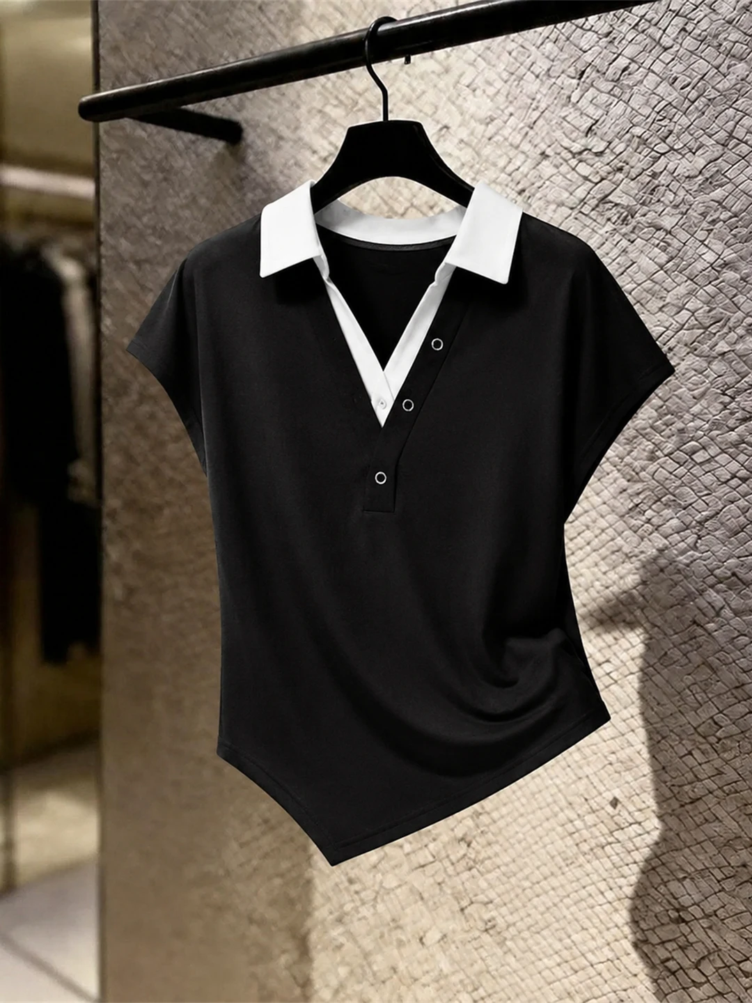 

Commute Color Block Collar Short Sleeve Women's T-Shirt Slimming Design Summer Base Shirt Korean Style Straight Cut Silk