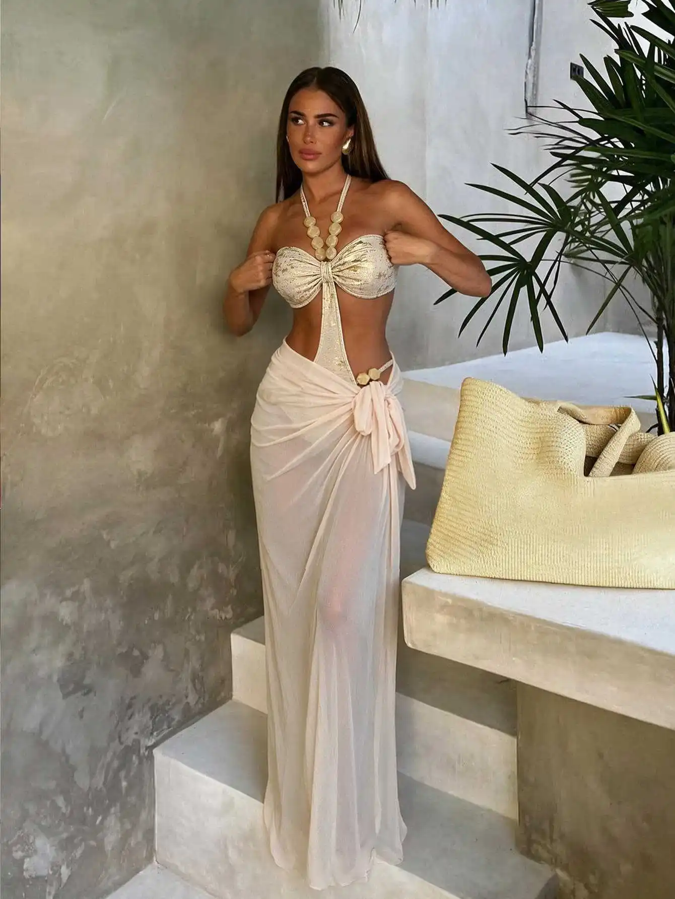 Beads One piece Swimsuit 2PC Halter Neck Tie-front Bikini Cut Out Waist with Skirt Sexy Print Biquini Women Swim Wear 2026 New
