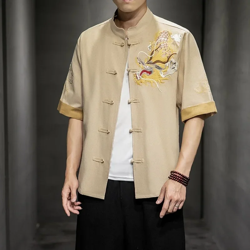 2024 Summer Chinese Dragon Shirt Embroidery Shanghai Tang Suit Mandarin Collar Tops Traditional Chinese Clothing For Men 11172