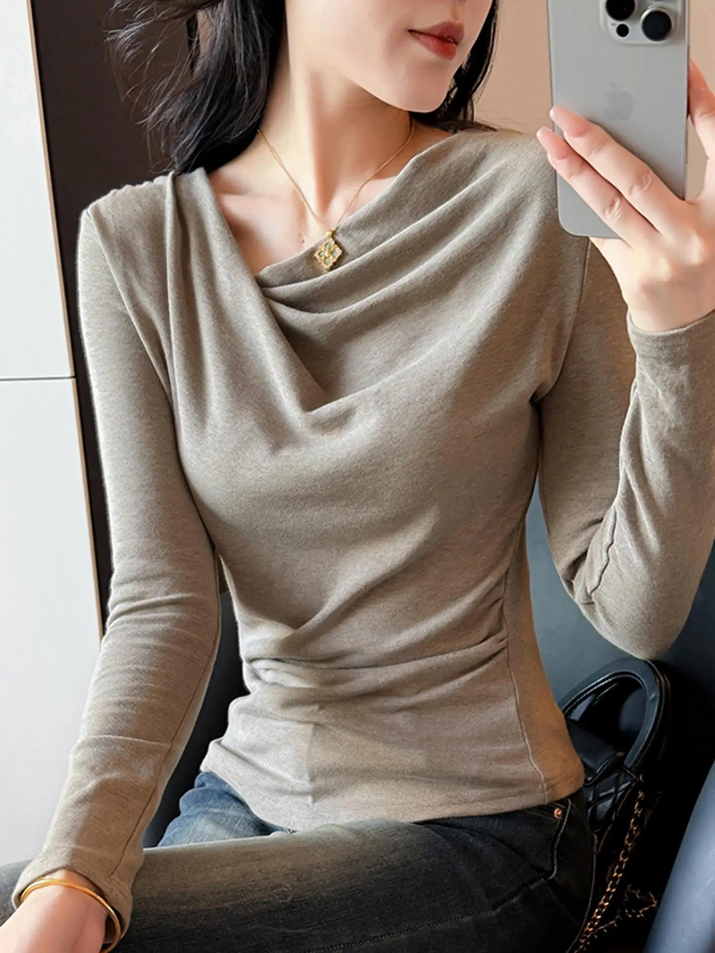 

Женская футболка Ele Slant Collar Long Sve, облегающий топ со складками, Sli Base irt, осень-зима, хлопок, корейский сле