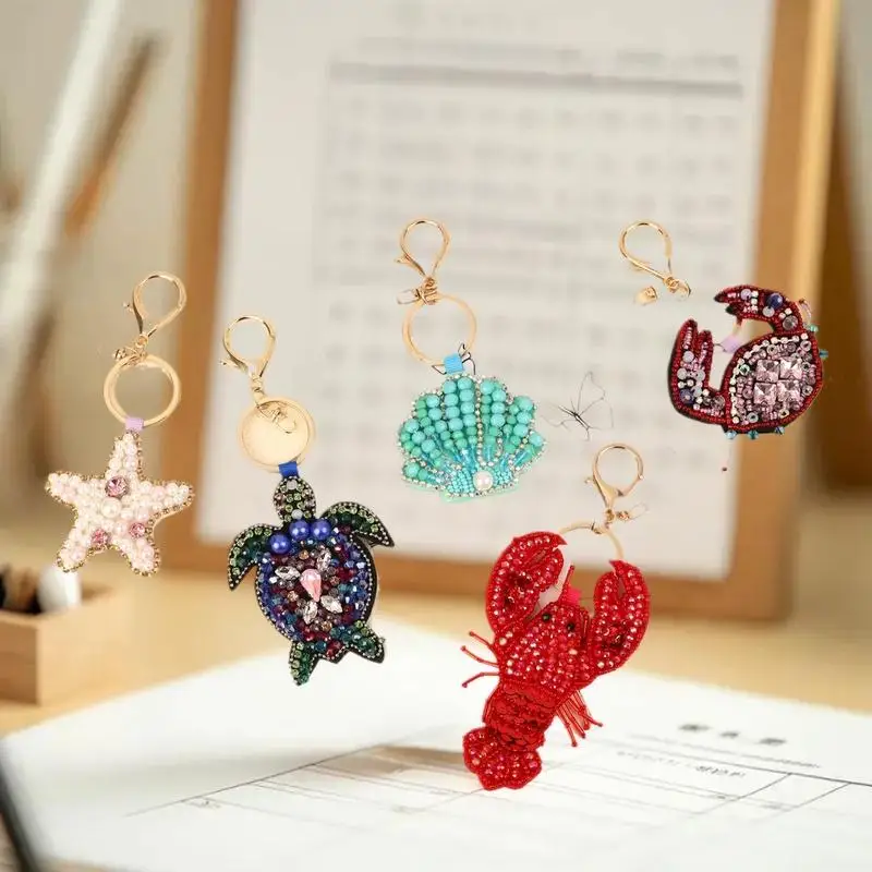 Gantungan Tas Berhias Batu Rhinestone Bentuk Lobster, Kerang Kepiting, dan Kura-kura, Jahitan Tangan Cantik, Aplikasi Tali Gantung untuk Tas