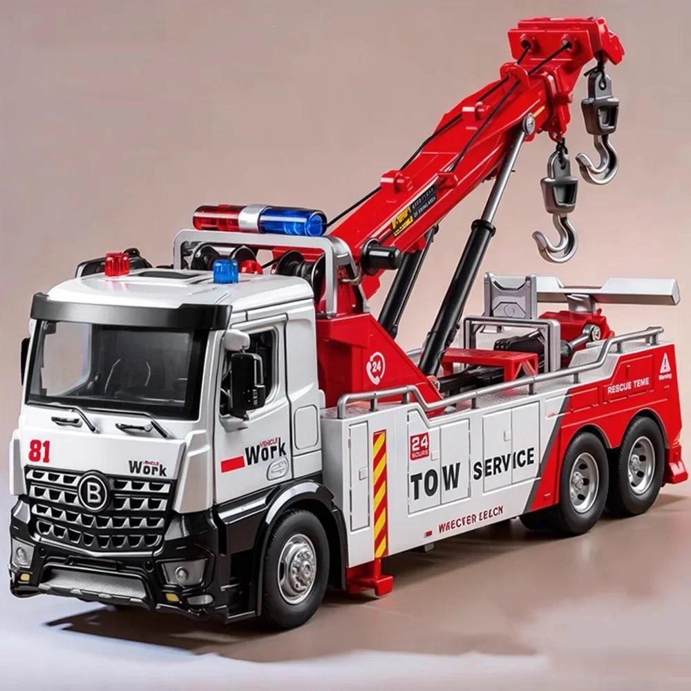 1:18 Double Hook Truck Alloy Rescue Car Toys Model Diecast Metal Vehice Door Opened Sound Light Lift Shrink Wrecker Toy Boy Gift