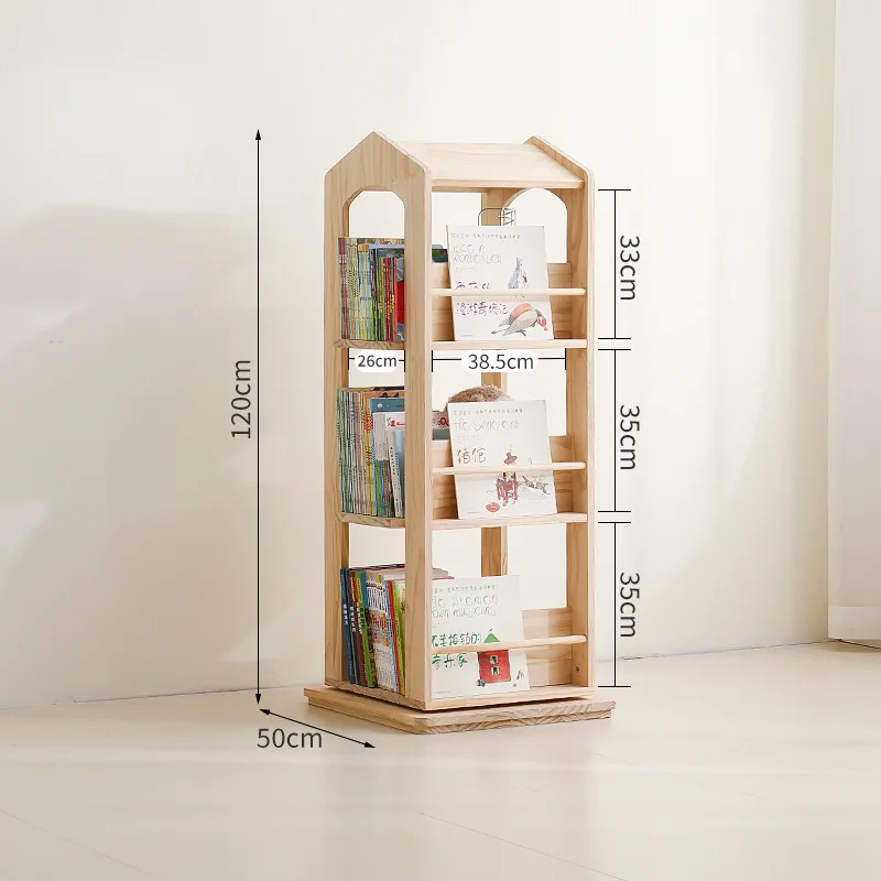 360 Rotating Bookcase Solid Wood Vertical Rotating Floor-to-ceiling Bookcase Baby Reading Area Bookcase Picture Book Rack