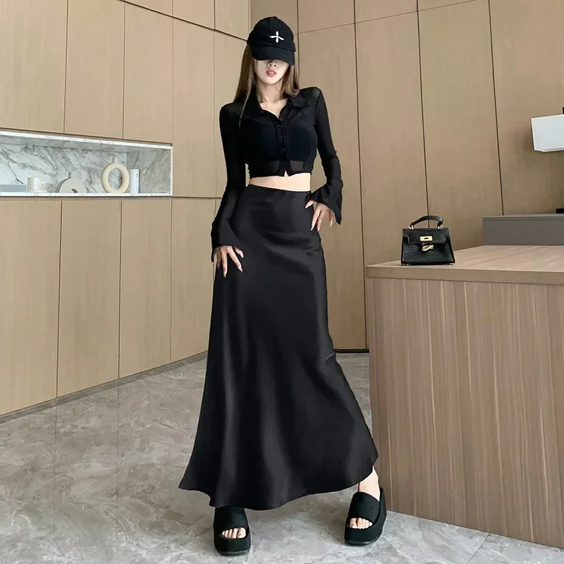 Burgundy Satin Skirt Women\'s Autumn Dress High Waist Thin Medium and Long Skirt Ruffle Edge Split Hip A-shaped Skirt