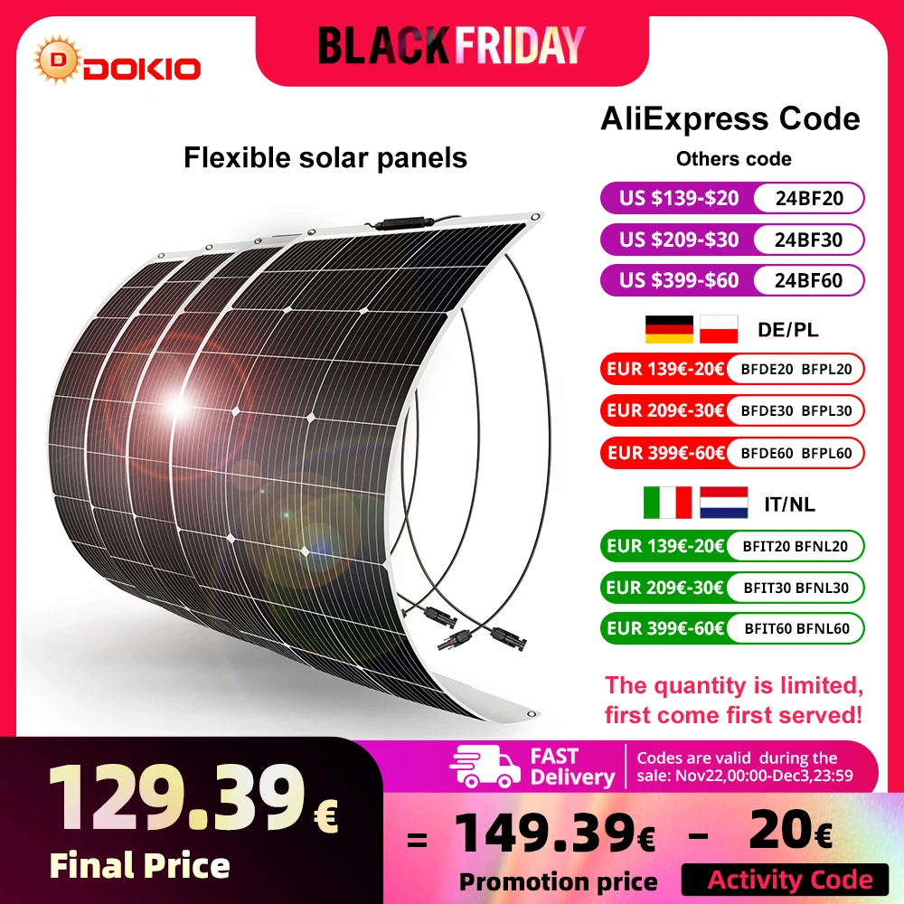 DOKIO 4PCS 400W 18V monocrystalline flexible solar panel, suitable for camping, RV installation can charge 12V batteries