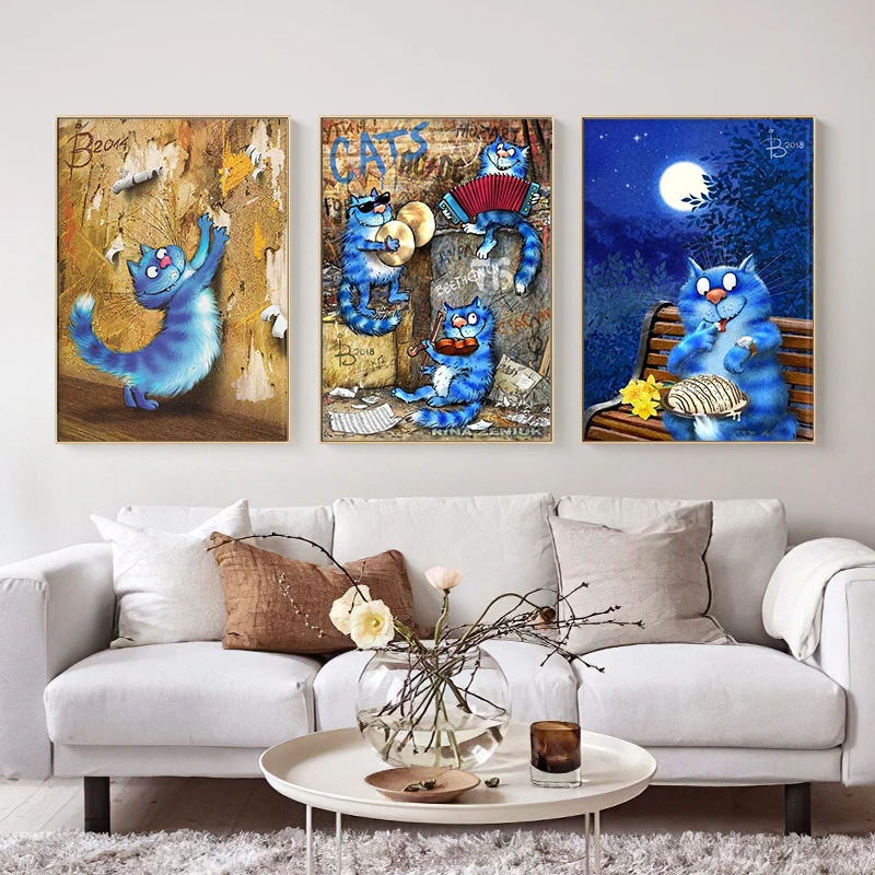 cross language Cartoon blue cat Painting by numbers Stamping paint home decor canvas painting Supernatural Gift pictures