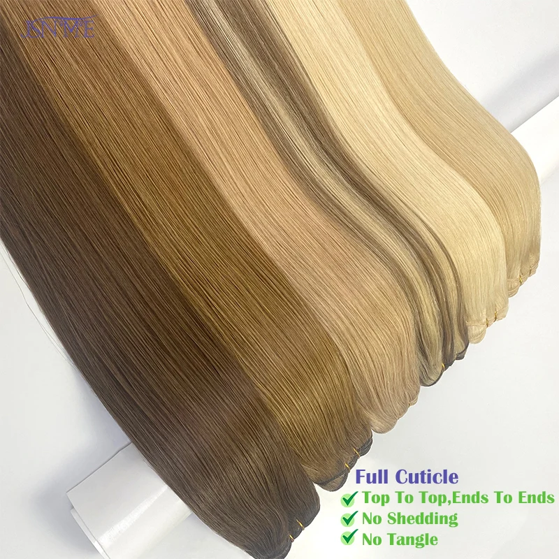 JSNME High Quality Straight Weft Extensions European Real Human Hair Weft Bundles Sew In Weft Extensions Brown Blonde 14\