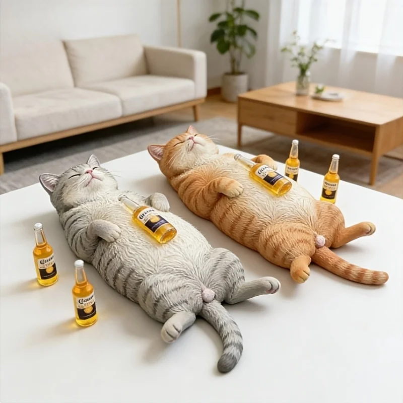Drunk Cat Miniature Figurine Set Laying Flat Cat with Beer Bottles Funny Resin Car Dashboard & Desk Decor Gift for Pet Lovers