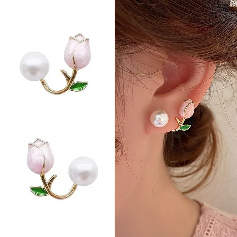 

Sweet Fashion Enamel Pearl Tulip Flower Stud Earrings For Women Korean Temperament Zircon Back Hanging Earring Wedding Jewelry