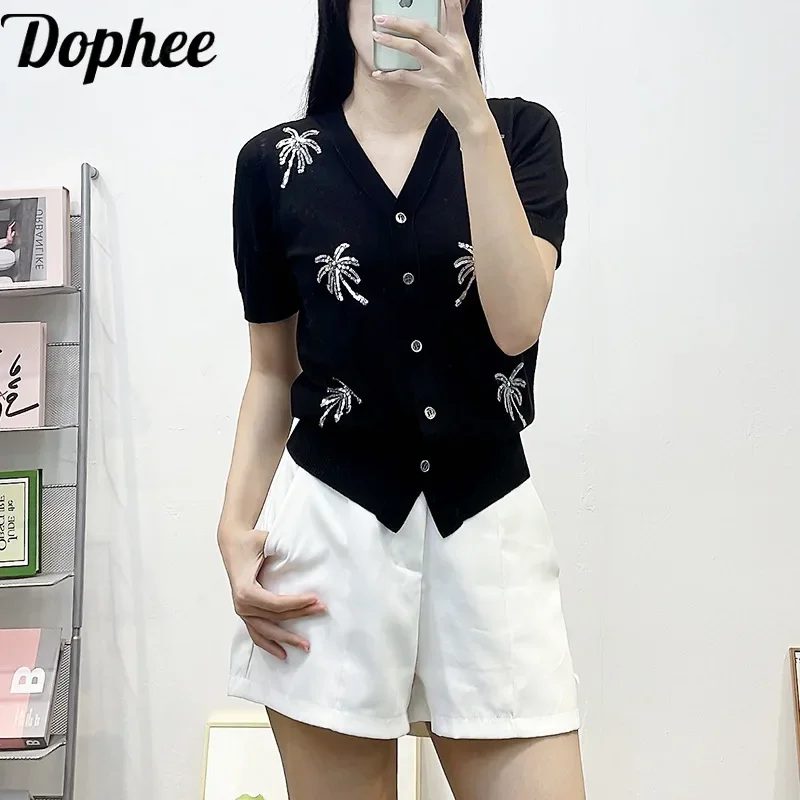 

High Quality Summer Women Short Sleeve Knitted Cardigans Shirt Elegant Sequins Coconut Tree V-neck Single-breasted Sweater Top