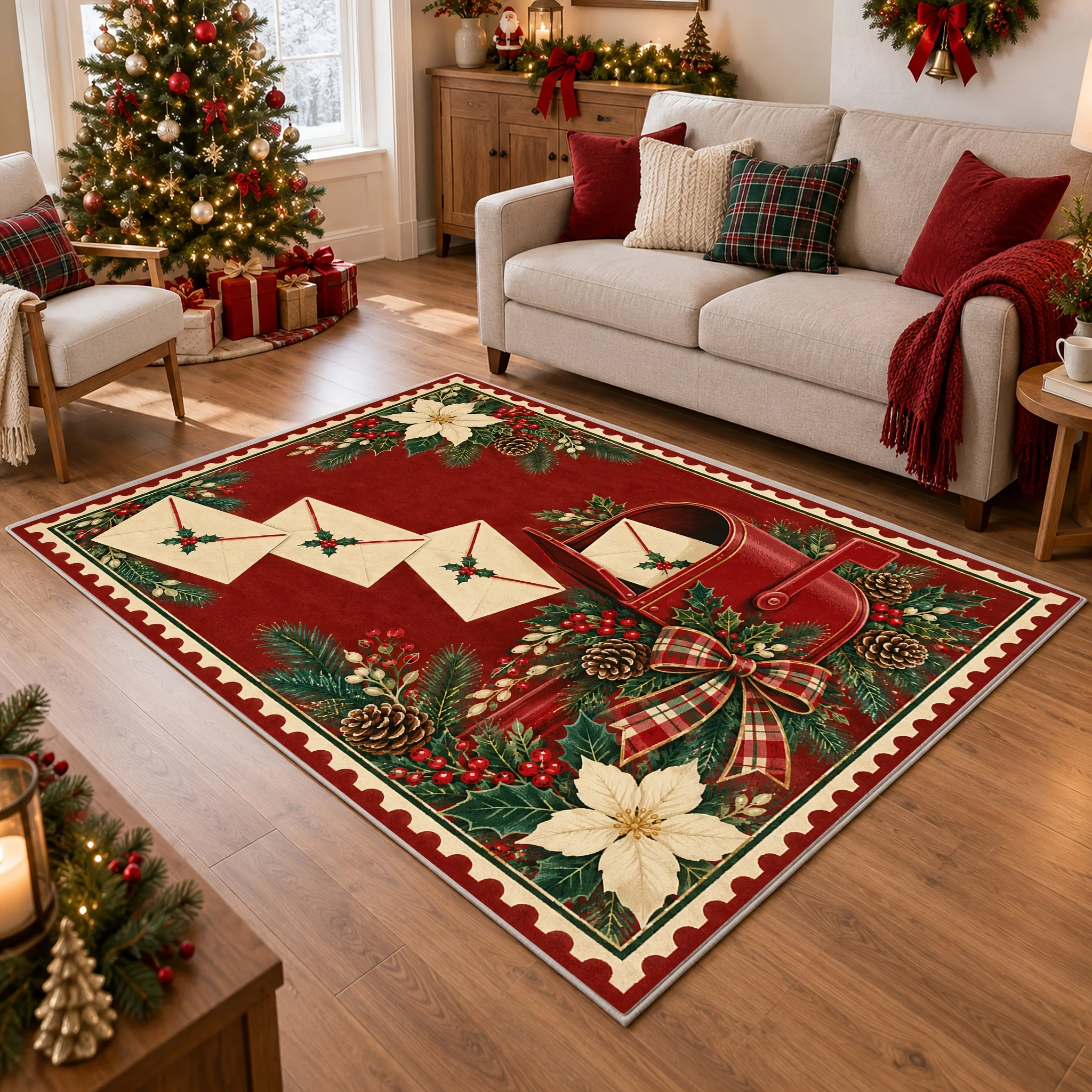 1pc Christmas Red Mailbox Letters Area Rug, 2D Flat Print, Indoor Floor Mat for Living Room, Xmas Home Decor