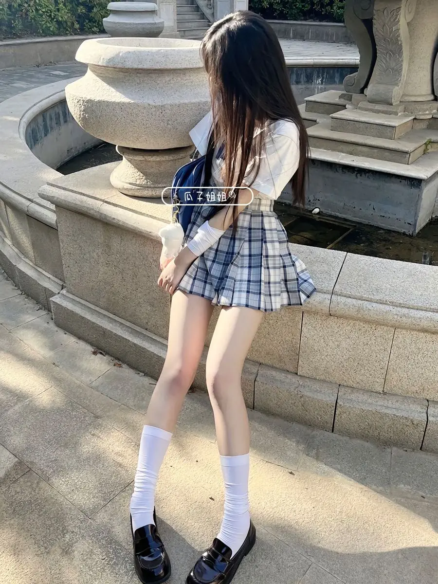 Japan Shirt And Tie Womens 2024 Summer Plaid Skirt Tennis School Y2k Jupe Solid Color Versatile Short-Sleeved T-Shirt