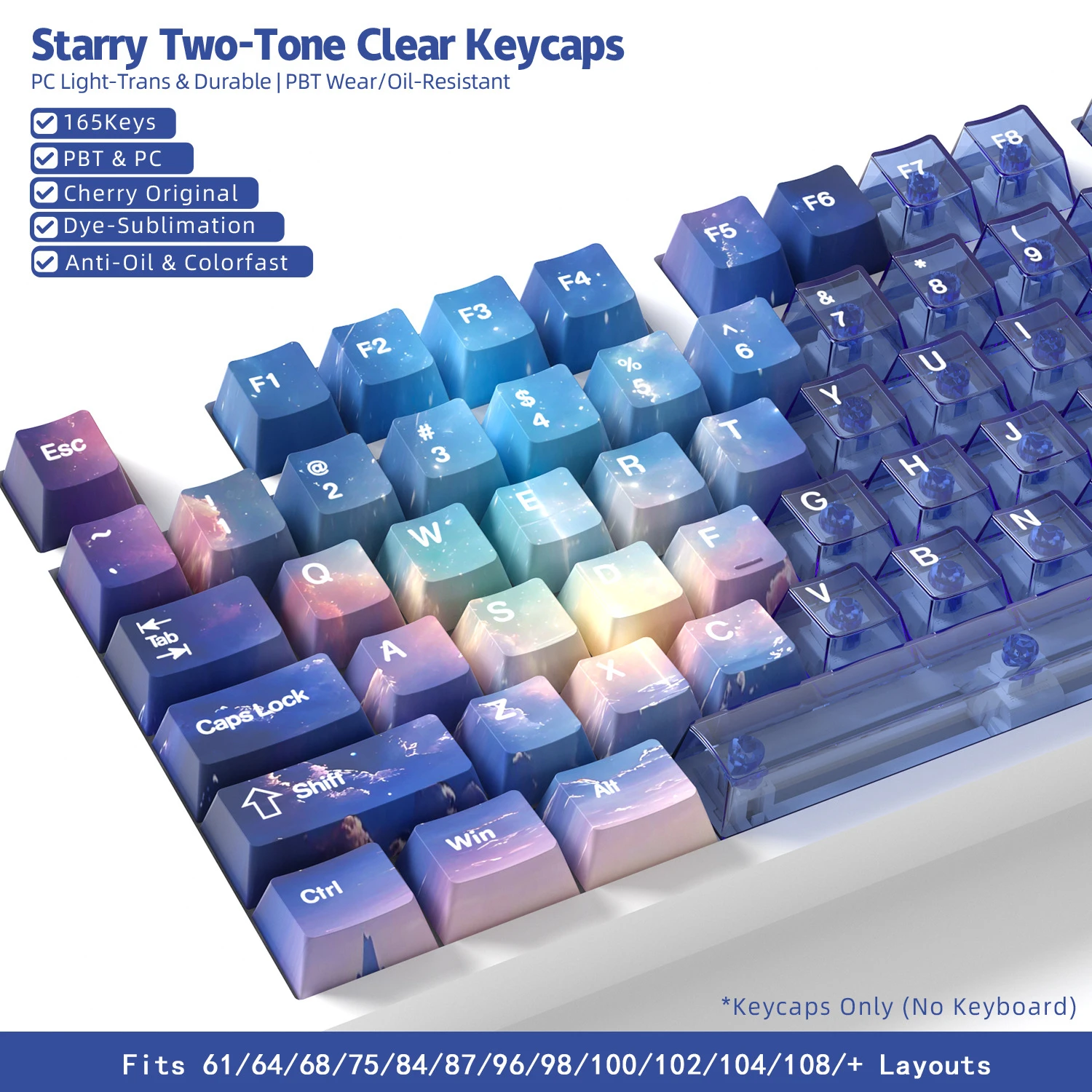 Starry Transparent Keycaps 165 Keys PBT+PC Material Cherry Profile DYE-SUB Personalized For Cherry MX Switch Mechanical Keyboard