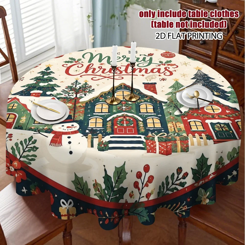 2D flat print, 1-piece Christmas snow village scene round tablecloth design, used to enhance the atmosphere of the table