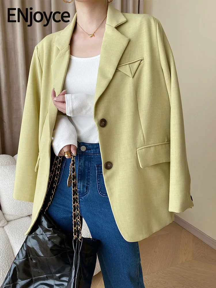 

ENjoyce 2023 Autumn Women Vintage Triangle Pockets Design Blazer Korean Long Sleeve Suit Ladies Workwear Jacket Outerwear Coats