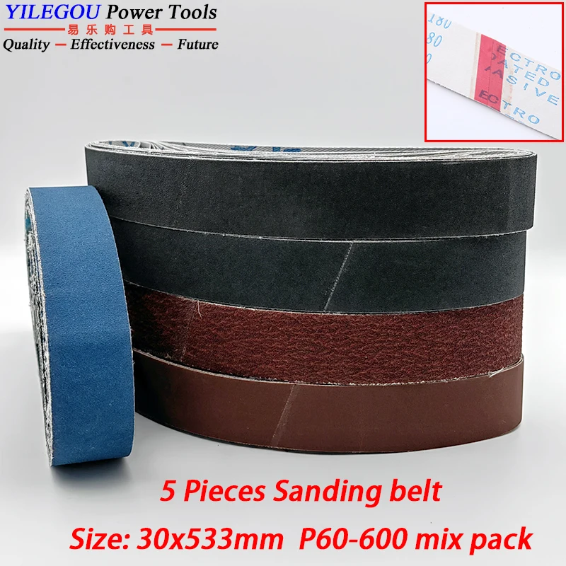 5 szt. Taśma szlifierska 30x533 mm. Taśma ścierna 1,2 "x 21". Taśma szlifierska 533 mm P60-600 do szlifowania wiertarki i polerowania drewna i metalu