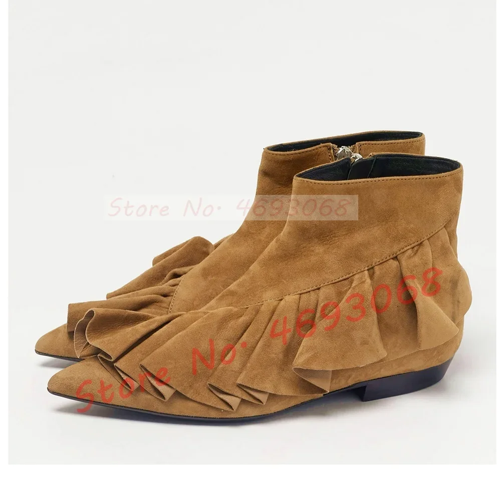 Camel Frill Detail Pointy Toe Ankle Boots Women Trendy Ruffle Suede Leather Booties Luxury Block Low Heels Side Zipper Shoes