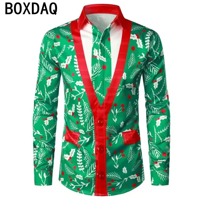 Men's Christmas Style Shirt Long Sleeve Long sleeved Lapel Personalized Party Blouse Vintage 3d Print Fake Two-piece Suit Shirt