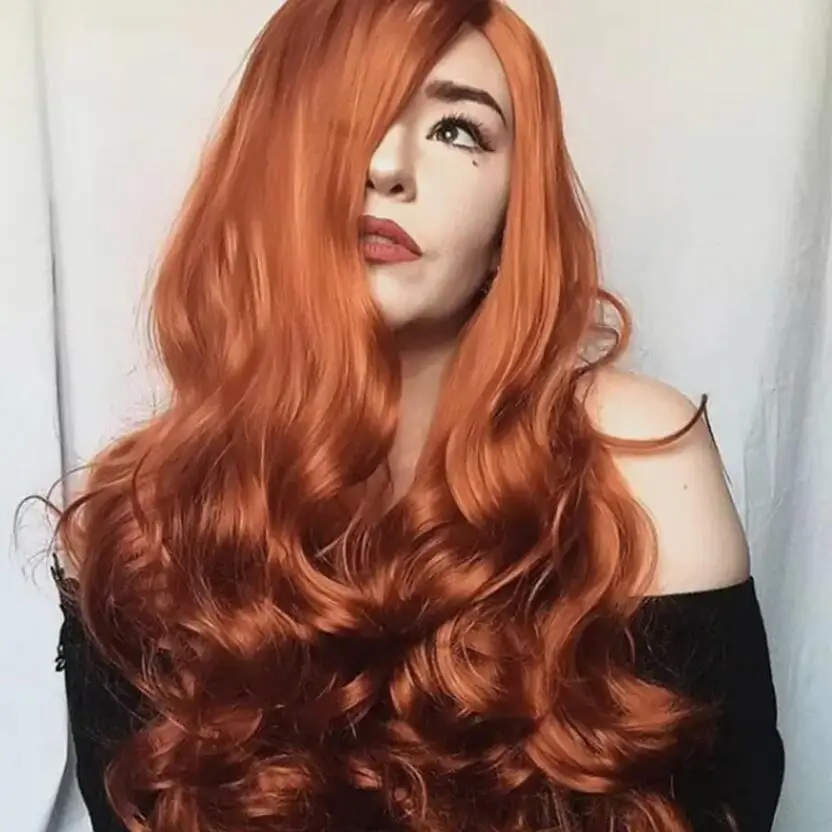 Wig rambut sintetis panjang keriting berombak merah tembaga wanita 75cm Wig pesta Cosplay