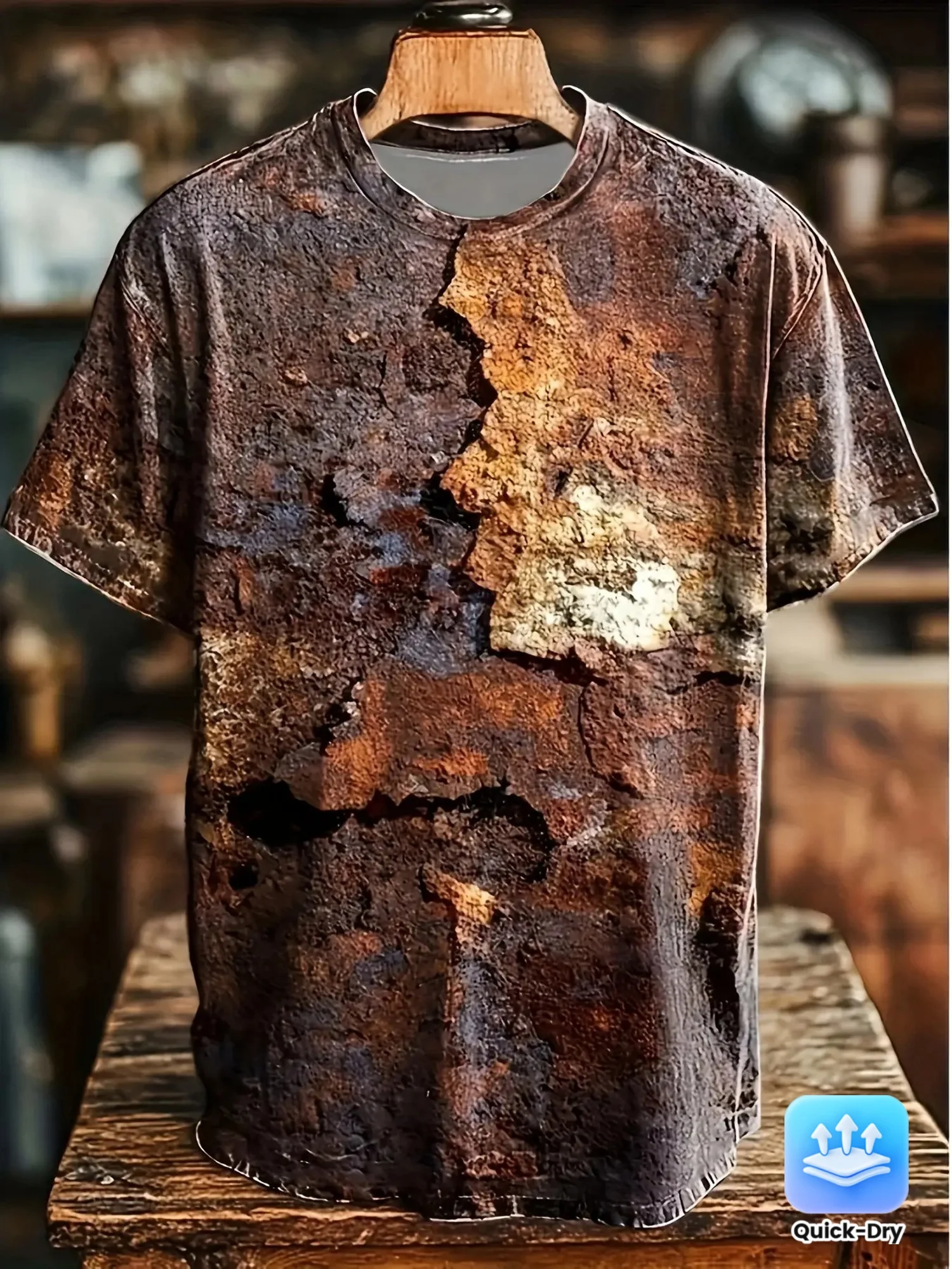 Men's Crew Neck Tee 3D Rust Crack Metal Texture Print Vintage Casual Tops