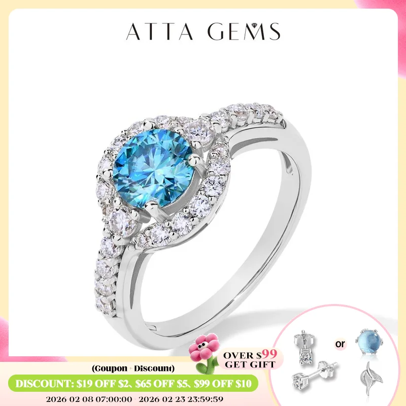 

ATTAGEMS 1.0CT Round Cut Blue Moissanite Rings for Women Angel Eye S925 Silver 18K Gold Plated Engagement Wedding Party Gift New