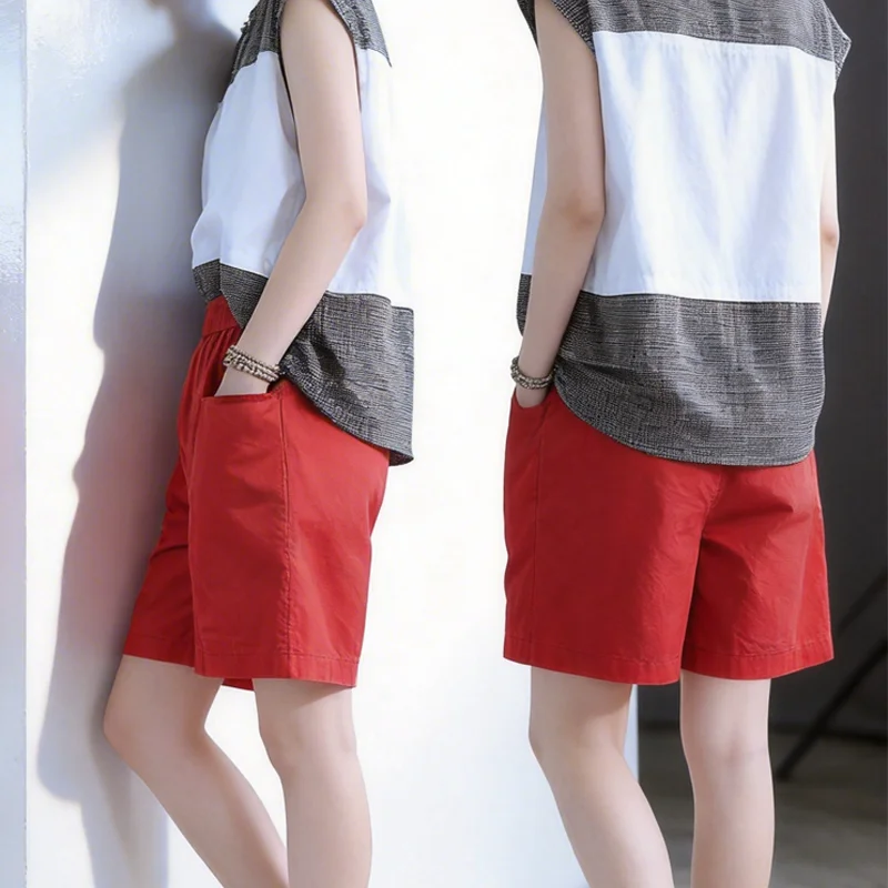 

Women's Casual Loose Shorts Summer High Waist Elastic Cotton Wide Leg Five-Quarter Length Trousers Breathable Pocket Short Pant