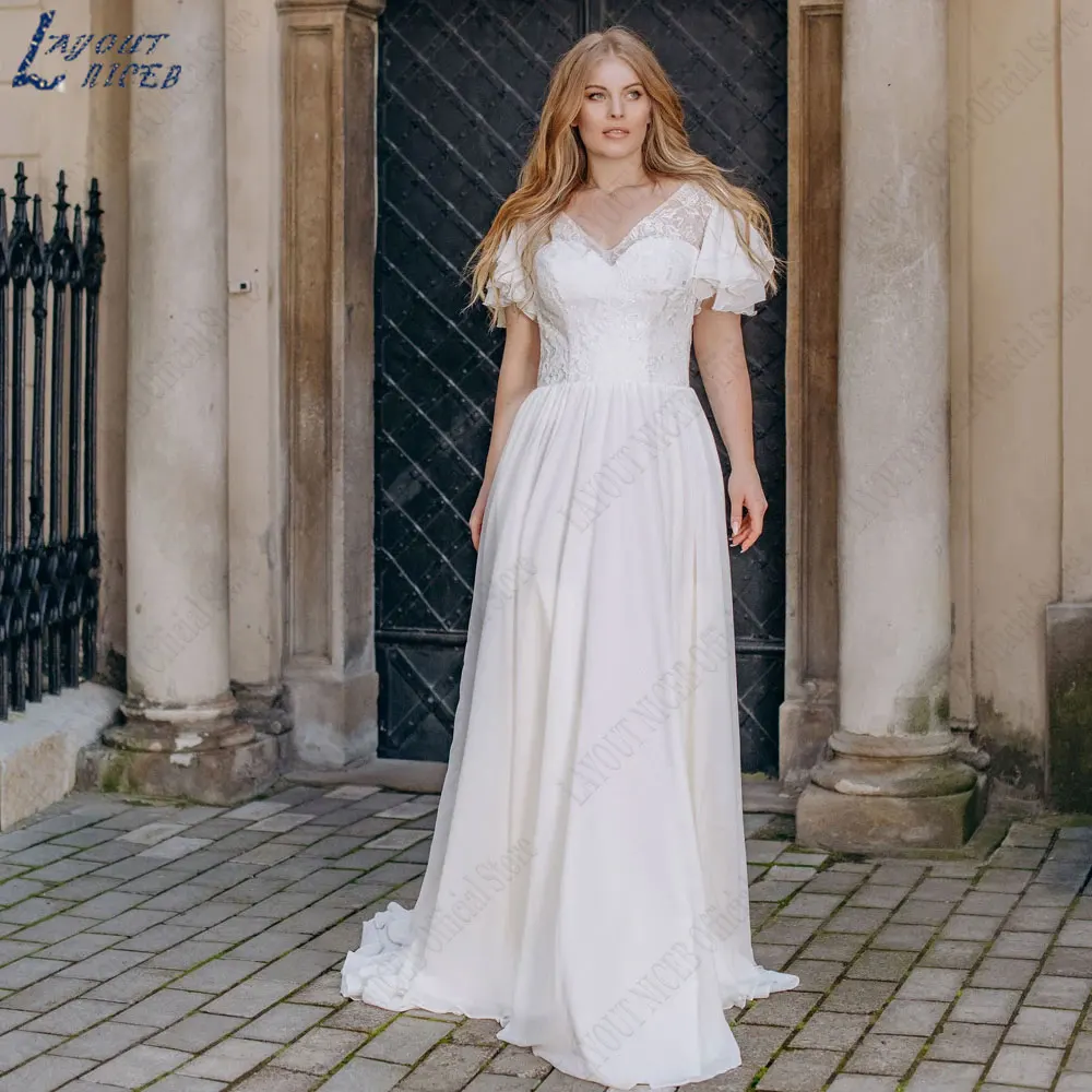 Layout Niceb Chiffon Plus Size Brautkleid A-Linie Spitze kurze Fledermaus Ärmel Brautkleid V-Ausschnitt zurück Schnür Robe de Mariée 2024Layout Niceb Chiffon Plus Size Brautkleid A-Linie Spitze kurze Fledermaus Ärmel B