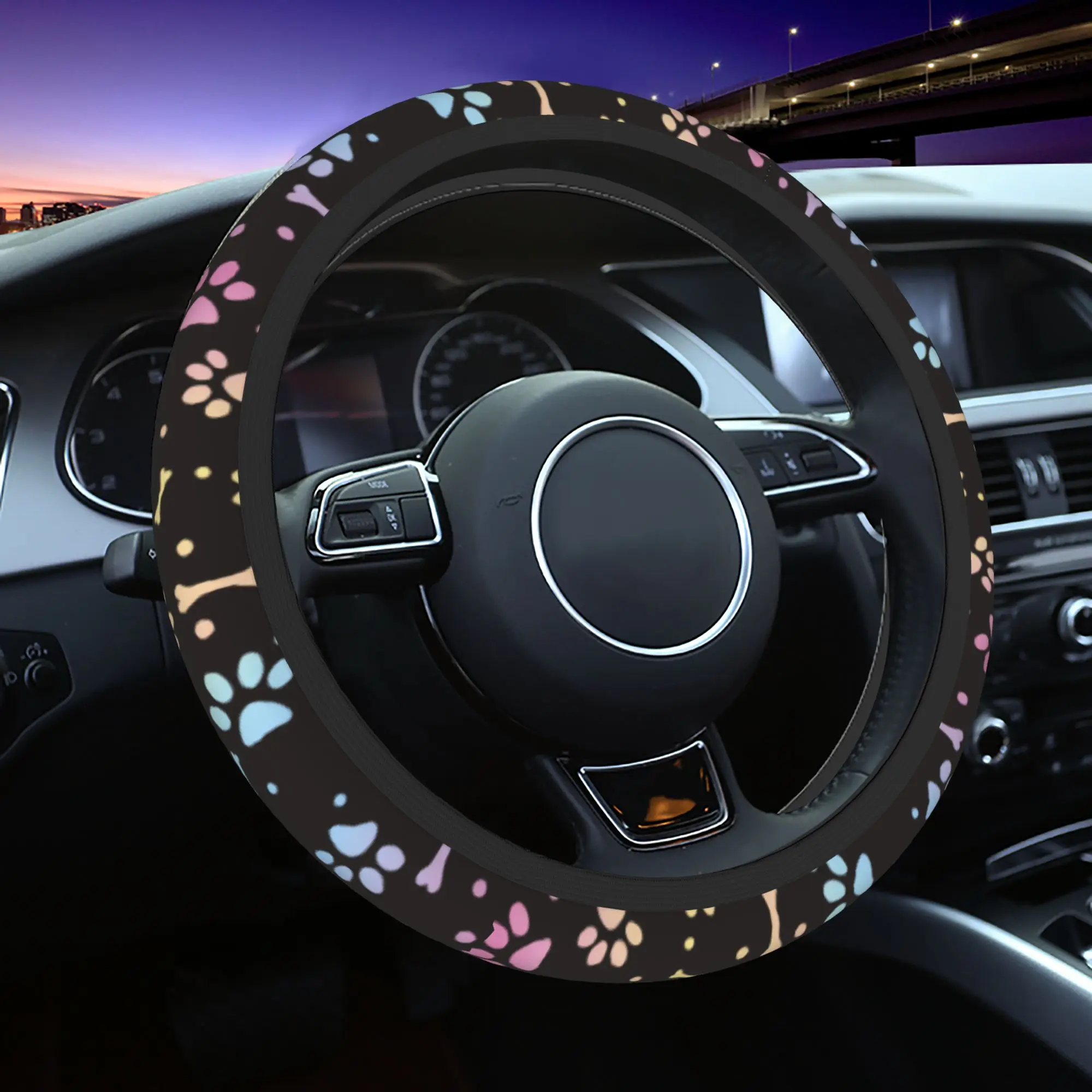 Animal Dog Paw and Bone Car Steering Wheel Cover 37-38 Non-slip Steering Wheel Protective Cover Colorful Car Accessories