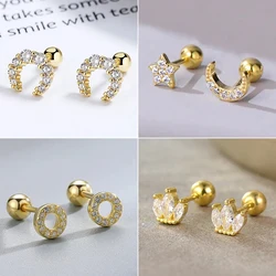 New Simple Zircon Moon Star Piercing Screw Ball Stud Earrings For Women Girls Geometric Circle Versatile Banquet Jewelry Gifts