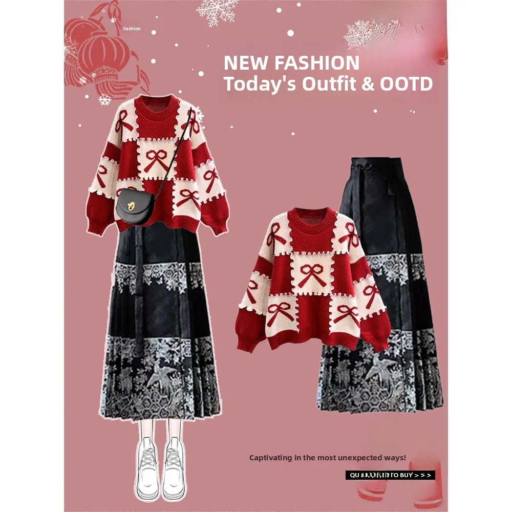 

Fashionable Knitted Sweater And High Waist Pleated Skirt Two Piece Set New Autumn Winter Leisure Design Chinese Hanfu Style