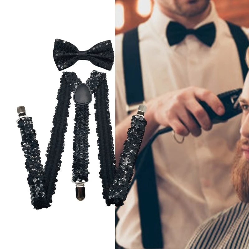 Men's Suspenders Tuxedo Necktie with Metal Clip Popular Shimmering Party Sequined Suspenders Brace for Various Occasion