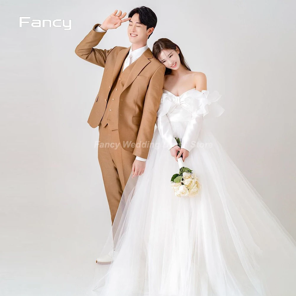 

Fancy Simple Big Bow Korea Wedding Dress Photoshoot Off Shoulder A Line Bridal Gown Soft Tulle Bridal Dresses customized