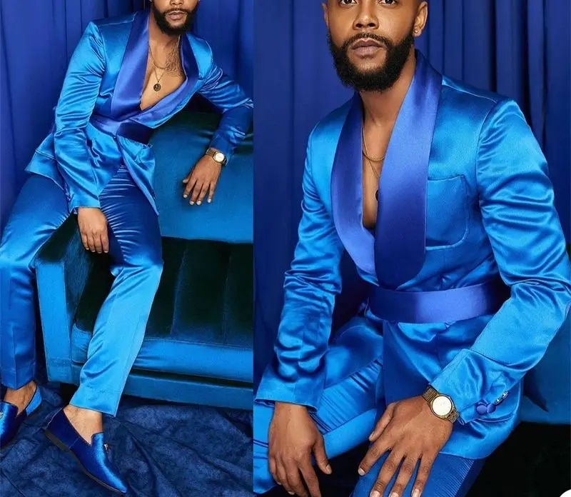 Nowa moda włoskie srebrne garnitury męskie Satin Slim Fit Royal Blue Shiny Groom Prom Wedding Tuxedo Tailored Blazer Set Costume Homme