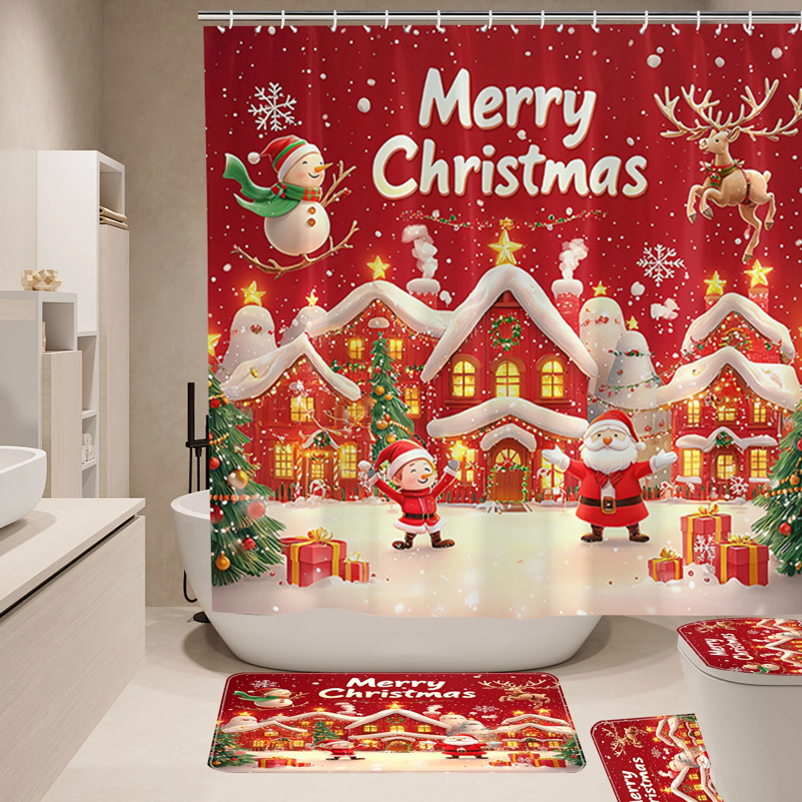 

4pcs Christmas Shower Curtain Sets with Non-Slip Rugs Toilet Lid Cover and Bath Mat Santa Clause Snowman Bathroom Shower Suit