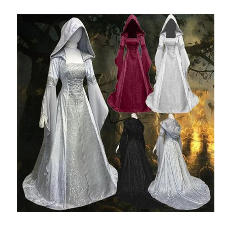 

Medieval Renaissance Maxi Train Dress Women Halloween Devil Pagan Witch Wedding Costume Hooded Gown Robe Cosplay Costume