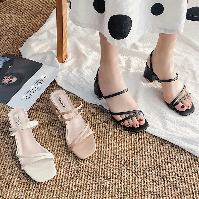 

Women Sandals Ladies Square Heels Elegant Summer Slippers Outside Cross Tied Leather Female Slides 2024 Fashion Woman Sandals