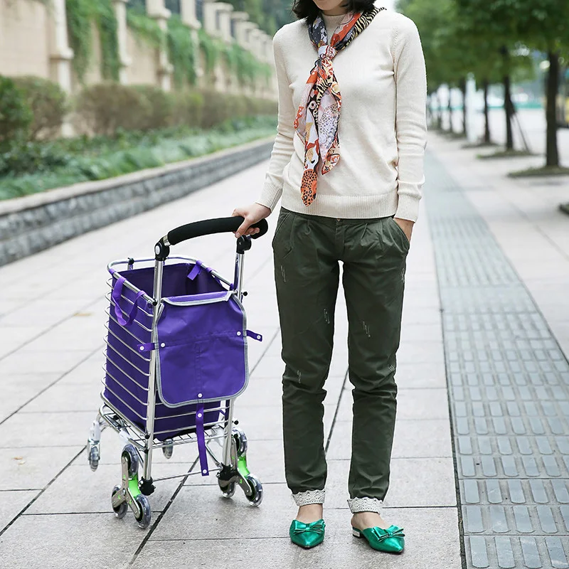 Thickened Aluminum Alloy Shopping Cart Foldable Large-Capacity Trolley Tri-Wheel Climbing Hand Cart  Heavy-Duty Senior Pull Cart
